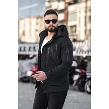 Doxger Bluff Erkek Slim Fit Kapüşonlu Mevsimlik Siyah Mont – Su Itici Kumaş, Rüzgar Geçirmez, 3 Cepli, Fermuar + Çıtçıt Kapamalı