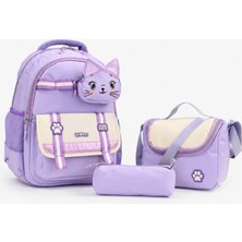 Wander Bag Kedi Desenli Su Geçirmez 3’lü Ilkokul Çantası Beslenme Çantalı Kalemlikli Ortopedik Okul Seti
