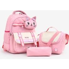 Wander Bag Kedi Desenli Su Geçirmez 3’lü Ilkokul Çantası Beslenme Çantalı Kalemlikli Ortopedik Okul Seti