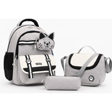 Wander Bag Kedi Desenli Su Geçirmez 3’lü Ilkokul Çantası Beslenme Çantalı Kalemlikli Ortopedik Okul Seti