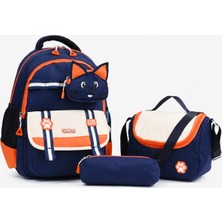 Wander Bag Kedi Desenli Su Geçirmez 3’lü Ilkokul Çantası Beslenme Çantalı Kalemlikli Ortopedik Okul Seti