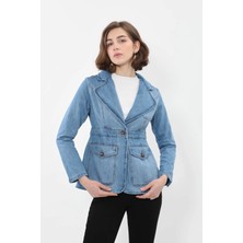 Banny Jeans Kadın Uzun Kollu Tek Düğmeli Jean Ceket Açık Mavi