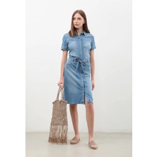 Banny Jeans Kadın Kemer Detaylı Düğmeli Kısa Jean Elbise