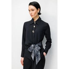 Moda İlgi Kadın Beli Fiyonklu Dokuma Kumaş Gömlek 0033 Siyah
