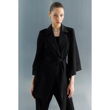 Moda İlgi Kadın Kolu Incili File Kumaştan Uzun Ceket 5013 Siyah