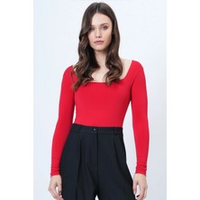TeknoKapsül Trend Alaçatı Stili Kırmızı Kare Yaka Tulumlu Alttan Çıtçıtlı Bodysuit ALC-X14390