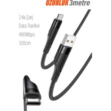Exenar 3 Metre USB Type C Kablo 2.4A 3m Uzun Usb-C Kablo Şarj ve Data Kablosu