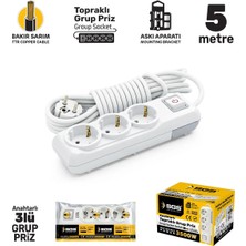 SGS3481 Grup Priz Topraklı Anahtarlı Üçlü 5 Metre, Üçyol, Uzatma Kablosu