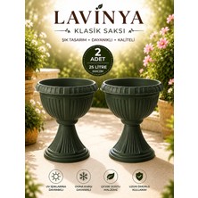 Lorempbox Lavinya Klasik Ayaklı Saksı 25 L 2’li Set Dekoratif Büyük Boy Plastik Bahçe, Balkon ve Teras Saksısı Yeşil