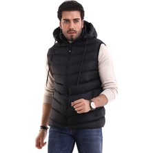 Erkek Jel Dolgulu Çapraz Model Çıkarılabilen Kapşon Yanlardan Cepli Iç Cepli Şişme Yelek Siyah