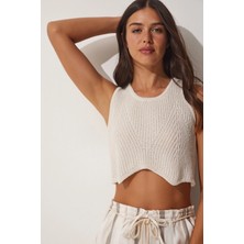 TeknoKapsül Happiness Istanbul Kadın Krem Yazlık Crop Triko Bluz MC00185
