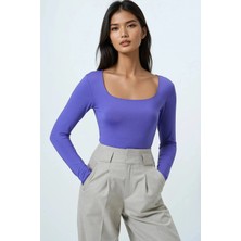TeknoKapsül Trend Alaçatı Stili Kadın Lila Kare Yaka Tulumlu Alttan Çıtçıtlı Bodysuit ALC-X14390