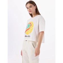 Discovery Expedition D5SL-TST3642 Kırık Beyaz Bisiklet Yaka Crop Baskılı Kadın T-Shirt