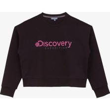 Discovery Expedition D4WL-SWT3010 Siyah Bisiklet Yaka Crop Baskılı Kadın Sweatshırt