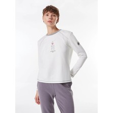 Discovery Expedition D4WL-TST3004 Kırık Beyaz Kapüşon Yaka Basic Baskılı Kadın Uzun Kollu T-Shirt