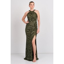 Renk Kadın Halter Yaka Full Payetli Maxi Abiye Elbise 5284 Haki