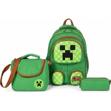 Wander Bag Craft Desenli 3’lü Ilkokul Okul Çantası Seti Beslenme Çantası Kalemlik Su Geçirmez Yeşil Sırt Çantası