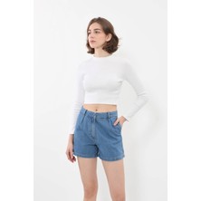 Banny Jeans Kadın Yüksek Bel Cepli Mavi Jean Şort