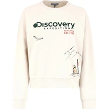 Discovery Expedition Açık Bej Kadın Bisiklet Yaka Crop Baskılı Sweatshirt D4WL-SWT3035