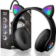 Marsilyan Siyah Renkli Kablosuz Bluetooth 5.0 Kulak Üstü Kulaklık, LED Işık Efekti ve Kedili Tasarım
