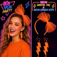 Zero Land Shophnrl Neon Turuncu Dantel Taç ve Şimşek Küpe 80&amp;#39;ler 90&amp;#39;lar Parti Seti