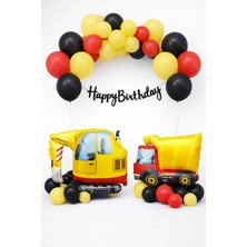 Baloncu Nene Inşaat Temalı Doğum Günü Balon Seti Siyah Banner Kepçe Kamyon Kırmızı Sarı Siyah Parti Dekoru
