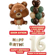 Baloncu Nene 16 Yaş Kahverengi Ayıcık Yeşil Happy Birthday Yazısı Balon Seti Kahve Yeşil Kum Balon Doğum Günü Set