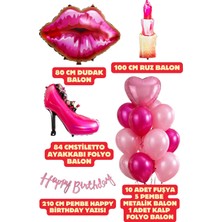 Baloncu Nene Pembe Konsept Doğum Günü Balon Seti Dudak Ruj Stiletto Folyo Balonlu Happy Birthday Yazılı Banner