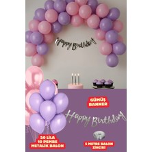Baloncu Nene Gümüş Happy Birthday Banner Balon Seti Pembe-Lila Balon Doğum Günü Parti Süsleri
