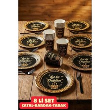 Baloncu Nene Iyiki Doğdun Yazılı Karton Siyah Gold Yaldız Desenli 8 Adet Renkli Tabak Bardak Set Doğum Günü