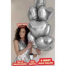 Baloncu Nene Gümüş Kalpli Folyo Balon 5 Adet Helyum Uyumlu Balon Sevgili ve Özel Gün Balon