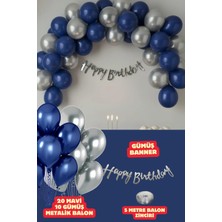 Baloncu Nene Gümüş Happy Birthday Banner Balon Seti Lacivert Gümüş Balon Doğum Günü Parti Süsleri