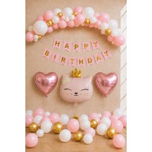 Baloncu Nene Kedi Temalı Doğum Günü Balon Seti Pembe Gold Beyaz Happy Birthday Kalp Folyo Balon