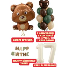 Baloncu Nene 17 Yaş Kahverengi Ayıcık Yeşil Happy Birthday Yazısı Balon Seti Kahve Yeşil Kum Balon Doğum Günü Set