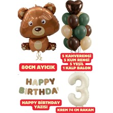 Baloncu Nene 3 Yaş Kahverengi Ayıcık Yeşil Happy Birthday Yazısı Balon Seti Kahve Yeşil Kum Balon Doğum Günü Set