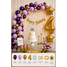 Baloncu Nene 4 Yaş Doğum Günü Dekorasyon Seti Mor Lila Gold Balon Zinciri Rakam Balonlu