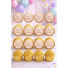 Baloncu Nene Gold Çerçeveli Pembe Happy Birthday Kek Kürdanı 16 Adet Pasta Süsü Cupcake Topper