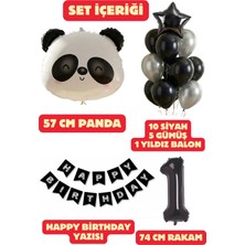 Baloncu Nene 1 Yaş Panda Balon Siyah Gümüş Happy Birthday Yazısı Siyah ve Gümüş Balon Doğum Günü Set