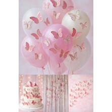 Baloncu Nene 63 Adet Pembe Altın Yaldızlı Kelebek Pasta Balon ve Duvar Sticker Yapışkanlı Doğum Günü Süsleme
