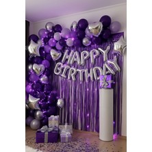 Baloncu Nene Gümüş Happy Birthday Folyo Balon Seti Mor Lila Gümüş Doğum Günü Parti Süsleri