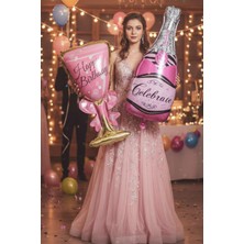 Baloncu Nene Pembe Happy Birthday Folyo Kadeh ve Folyo Şampanya Doğum Günü Kutlama Süs