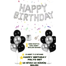 Baloncu Nene Happy Birthday Folyo Balon 2 Adet 7 Li Balon Standı 10 Adet Gümüş 10 Adet Siyah Balon Doğum Günü Set