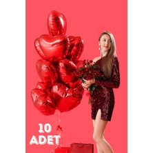 Baloncu Nene Kalp Desenli 10 Adet Kırmızı Folyo Helyum Balon Sevgili ve Özel Gün