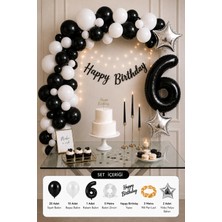 Baloncu Nene 6 Yaş Siyah Beyaz Doğum Günü Süsleme Seti Siyah Rakam Balonlu Happy Birthday Ledli