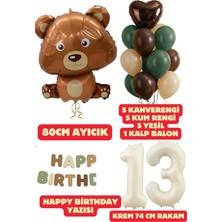 Baloncu Nene 13 Yaş Kahverengi Ayıcık Yeşil Happy Birthday Yazısı Balon Seti Kahve Yeşil Kum Balon Doğum Günü Set