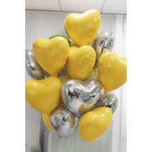 Baloncu Nene Sarı ve Gümüş Kalpli Folyo Balon Helyum 10 Adet Kalp Sevgili Süpriz Süs Doğum Günü Evlilik Teklifi