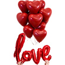 Baloncu Nene Kırmızı Kalpli Lateks Balon 25 Adet Love Yazı Helyum Uyumlu Balon Sevgili ve Özel Gün Balon