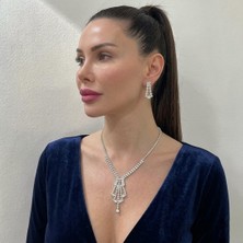 Valmont Accessories Avize Mordel Zirkon Taşlı Gümüş Kolye ve Küpe Seti - Düğün, Kına, Nişan Gelin Takı Seti