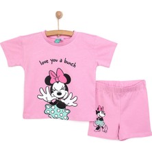 TeknoKapsül Disney Kız Bebek Tişört-Tayt 2li Takım Minnie Mouse Bisiklet Yaka Reçme Paça Kısa Kol Açık Pembe