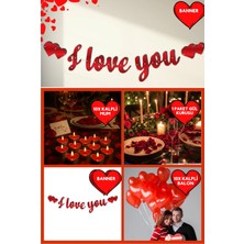 Baloncu Nene Kırmızı I Love You Banner Kalpli Balon Mum Gül ve Kalpli Mum Sevgililer Günü Özel Gün Yıl Dönümü
